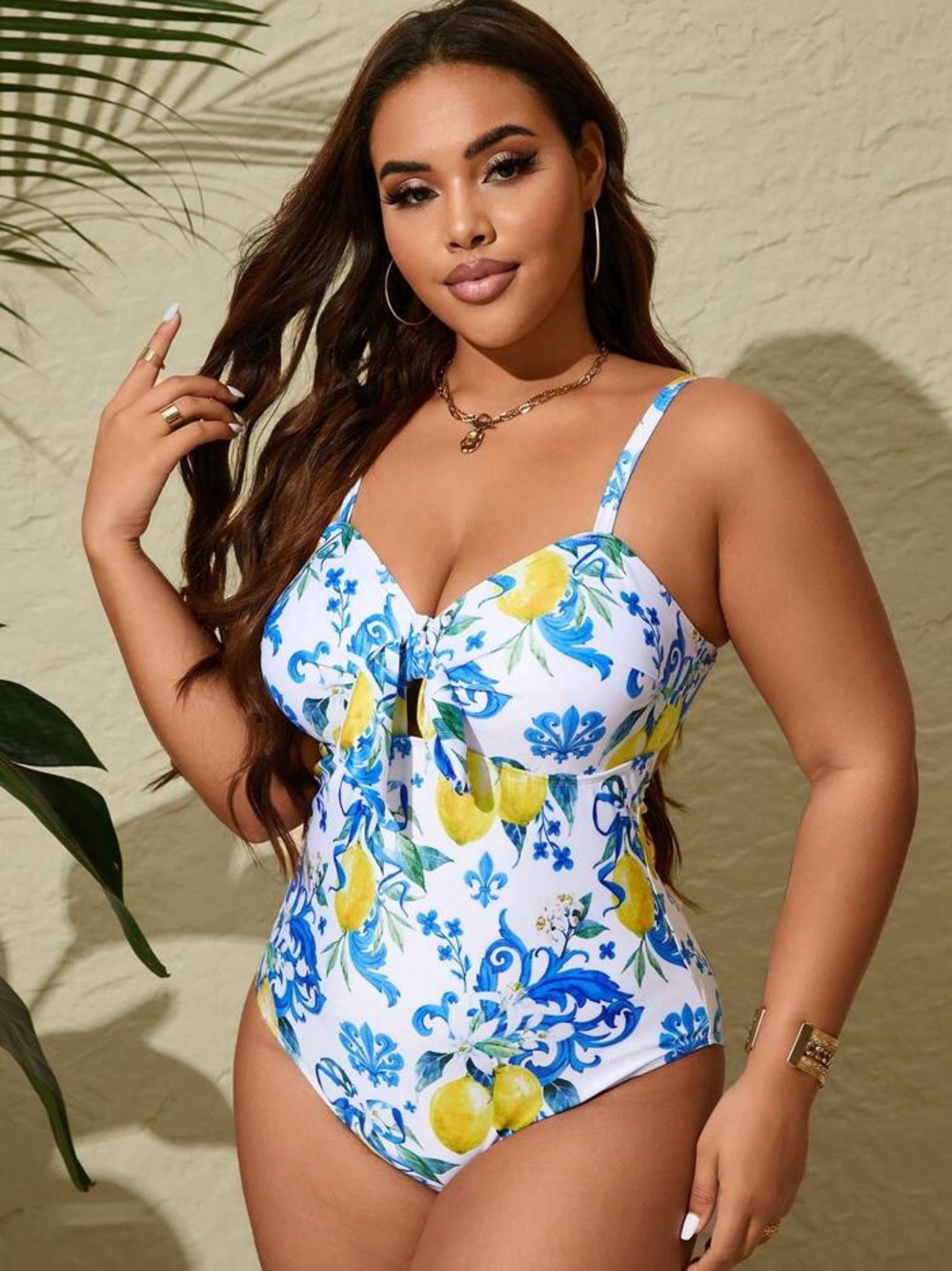 Vibrant lemon and blue Mediterranean-inspired floral Print One-Piece Swimsuit